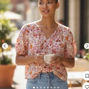 Knox Rose Vibrant Pink Coral Floral Peasant Top Boho Shirt Short Sleeve Shirt